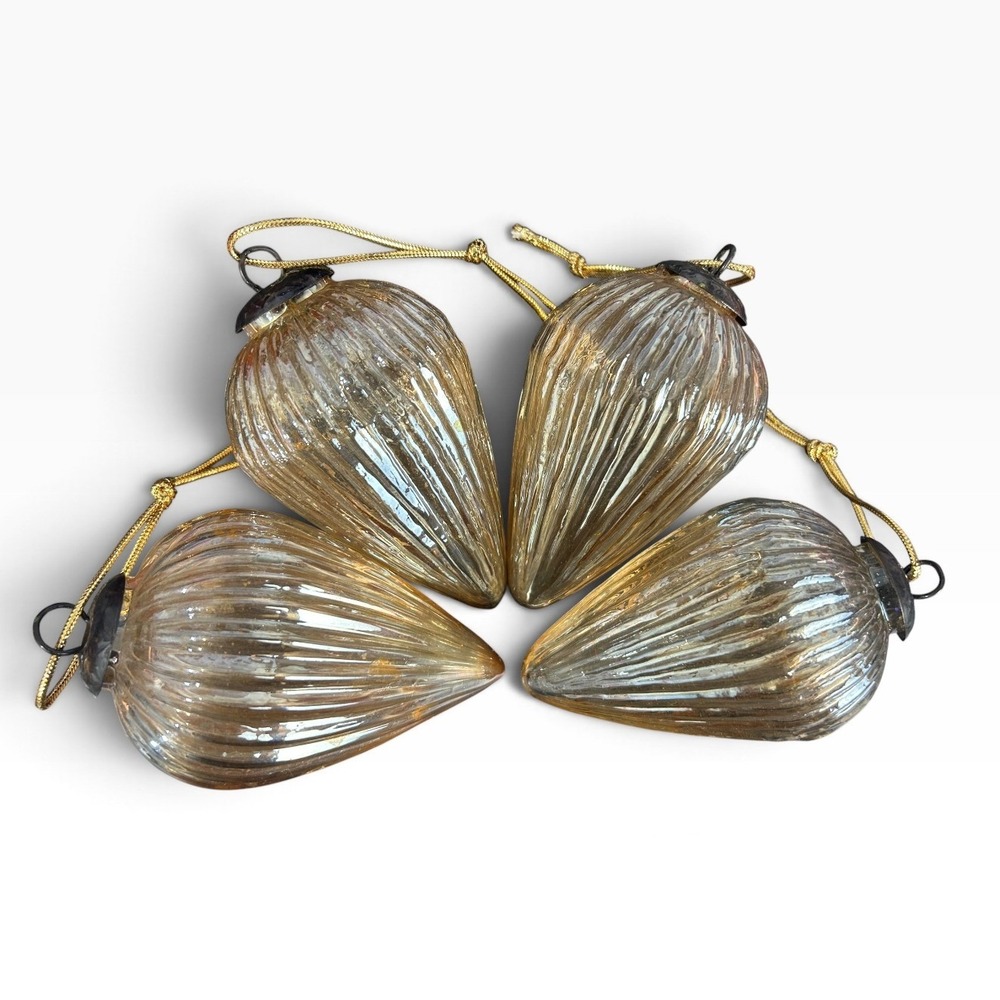 Set of 4 Vintage Kugel Style Ribbed Mercury Glass Teardrop Christmas Ornaments